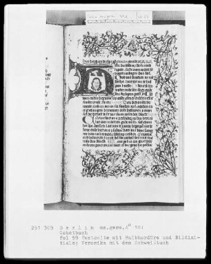 Gebetbuch — Initiale H (ere du), darin Veronika mit dem Schweißtuch, Folio 59recto