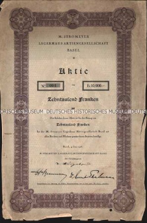Aktie M. Stromeyer Lagerhaus Aktiengesellschaft Basel über 10.000 Schweizer Franken