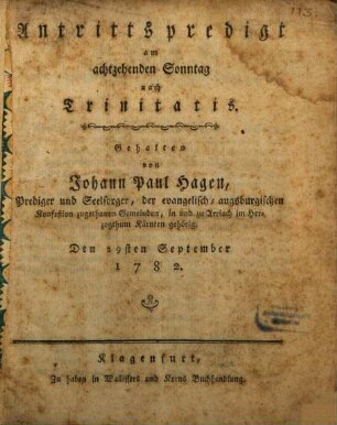 Antrittspredigt am achtzehnden Sonntag nach Trinitatis