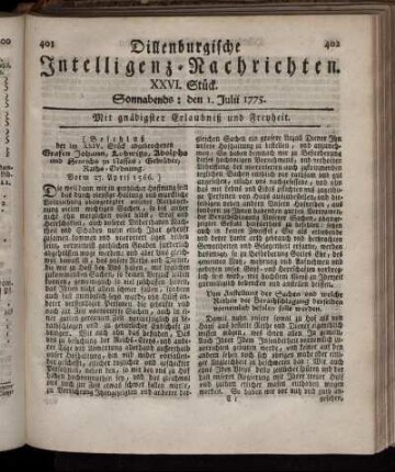 Sonnabends: den 1. Julii 1775.