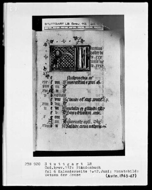 Lateinisch-französisches Stundenbuch — Monatsbild: Wetzen der Sense; KL-Ligatur, Folio 6recto