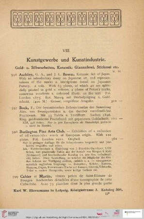 VIII. Kunstgewerbe und Kunstindustrie. Gold- u. Silberarbeiten, Keramik, Glasmalerei, Stickerei etc (Nr. 596 - 660)