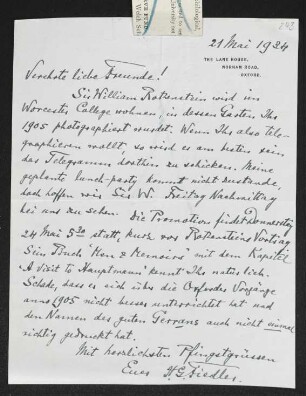 Brief von Hermann Georg Fiedler an Gerhart Hauptmann