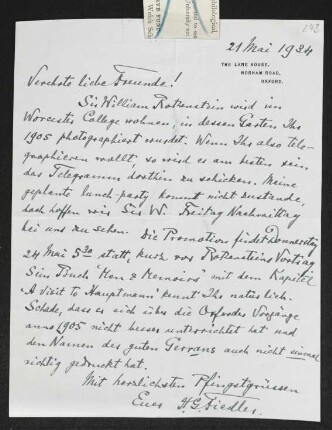 Brief von Hermann Georg Fiedler an Gerhart Hauptmann