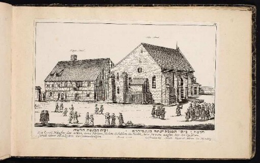 Die zweÿ Häusser der alten und Neuen Juden Schulen in Fürth, wie sie von aussen her an zusehen, samit ihrer Hochzeiten Versammlungen. Anno 1705. - Hauptsynagoge Fürth (Fürth, Bayern) = Altschul Fürth (Fürth, Bayern); Synagoge Fürth (Fürth, Bayern) = Neuschul Fürth (Fürth, Bayern)