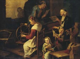 Häusliche Szene mit Musikanten und Spinnerin