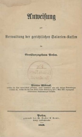 Anweisung zur Verwaltung der gerichtlichen Salarien-Kassen im Großherzogthum Posen