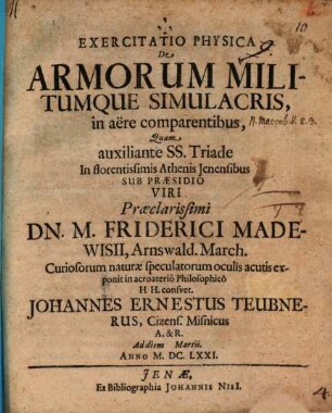 Exercitatio phys. de armorum militumque simulacris, in aëre comparentibus