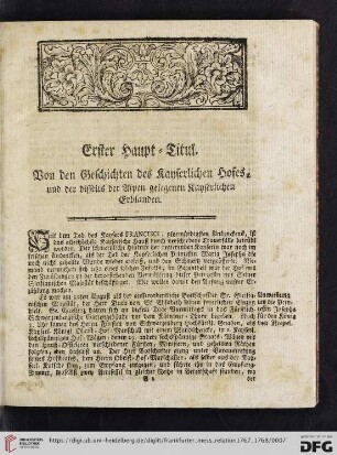 Erster Haupt-Titul. Von den Geschichten des kayserlichen Hofes, und der disseits der Alpen gelegenen Kayserlichen Erblanden