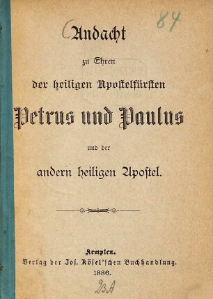 Andacht zu Ehren der heiligen Apostelfürsten Petrus und Paulus und der andern heiligen Apostel