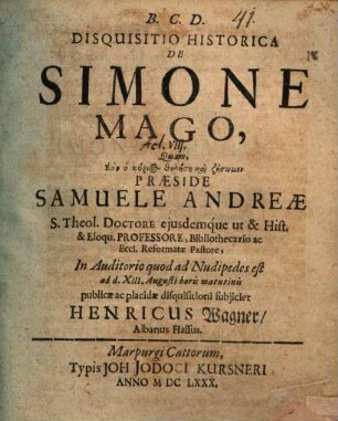 Disquisitio historica de Simone Mago
