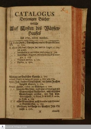 Catalogus Derjenigen Bücher welche Auf Kosten des Wäysen-Hauses bis 1725. ediret worden