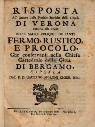 Risposta all'autore delle Notizie storiche della Chiesa di Verona