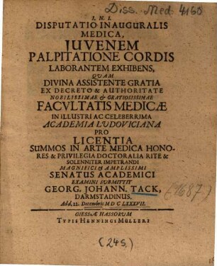 Disputatio Inauguralis Medica, Juvenem Palpitatione Cordis Laborantem Exhibens