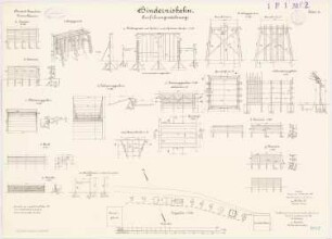 Pionierkaserne, Graudenz Hindernisbahn: Lageplan der Bahn 1:500; Hindernisse in Grundrissen, Aufrissen, Schnitten 1:100, 1:50