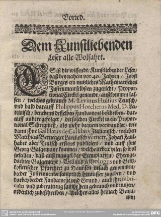 Vorrede. Dem Kunstliebenden Leser alle Wolfahrt.