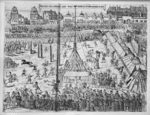 Dresden. Vogelschießen auf der Vogelwiese, 14. Juni 1660 (... in der Mitte eine 83 Ellen hohe Vogelstange, davor der Schießstand)