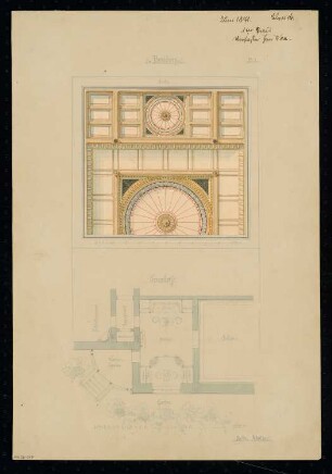 Boudoir Monatskonkurrenz Juni 1871: Deckenuntersicht (kleine Zeichnung), Grundriss; Maßstabsleiste