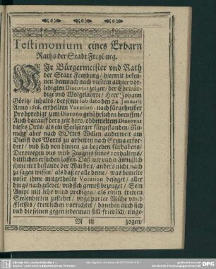 Testimonium eines Erbran Raths der Stadt Freyburg