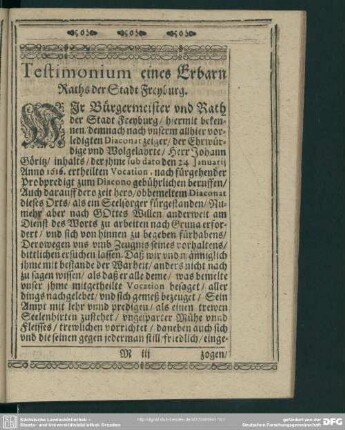 Testimonium eines Erbran Raths der Stadt Freyburg
