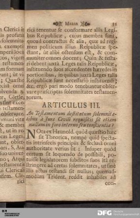 Articulus III. An Testamentum destitutum solemnitatibus à Jure Civili requisitis sit etiam nullum in foro interno seu conscientiæ?