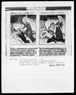 Zwei Schriften — Speculum humanae salvationis — Textseite mit zwei Miniaturen, Folio 81recto