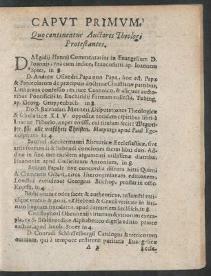 Caput Primum. Quo continentur Auctores Theologi Protestantes.