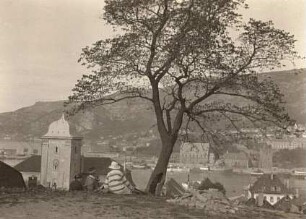 Bergen/Norwegen. Blick von Klosterhagen über die Bucht Vågen zur Festung Bergenhus mit Håkonshalle und Rosenkrantzturm