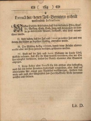 Extract der, denen Zoll-Bereutern ertheilt werdenden Instruction.