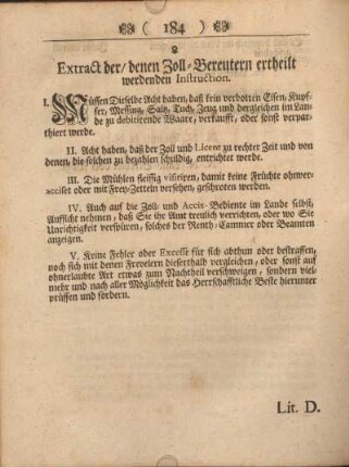 Extract der, denen Zoll-Bereutern ertheilt werdenden Instruction.