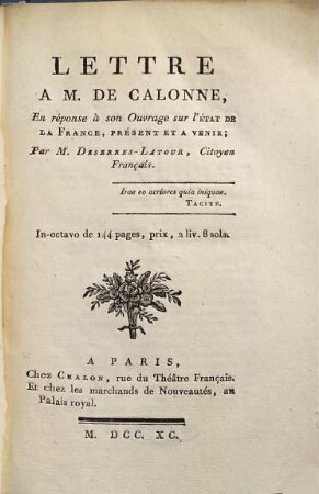 Lettre à M. de Calonne, en réponse à son ouvrage sur l'état de la France, présent et à venir