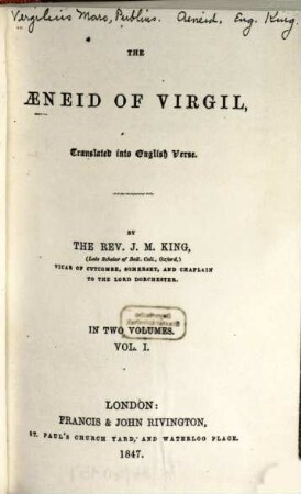 The Aeneid of Virgil, translated into English verse : By J(ohn) M(yers) King. In 2 vol., 1