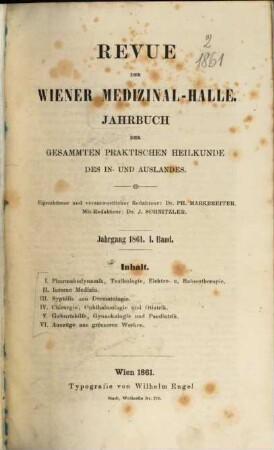 Wiener Medizinal-Halle. Revue der Wiener Medizinal-Halle, [2.] 1861, Bd. 1 - 4