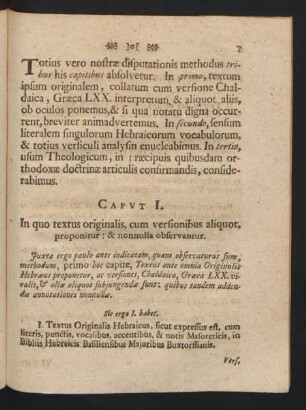Caput I. In quo textus originalis, cum versionibus aliquot, proponitur : & nonulla observantur.