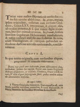 Caput I. In quo textus originalis, cum versionibus aliquot, proponitur : & nonulla observantur.