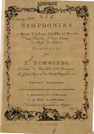 Six simphonies a deux violons, taille et basse, deux hautbois et deux cornes de chasse ad libitum : oeuvre premiere