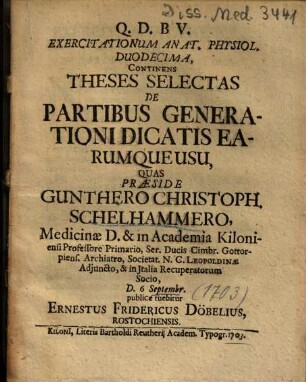 Exercitationum Anat. Physiol. Duodecima, Continens Theses Selectas De Partibus Generationi Dicatis Earumque Usu