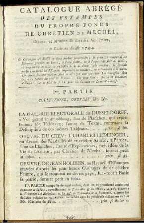 [Hauptbd.]: Catalogue Abrégé Des Estampes Du Propre Fonds De Chrétien De Mechel, Graveur et Membre de diverses Académies. [Hauptbd.]