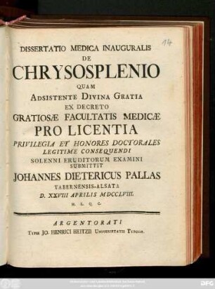 Dissertatio Medica Inauguralis De Chrysosplenio