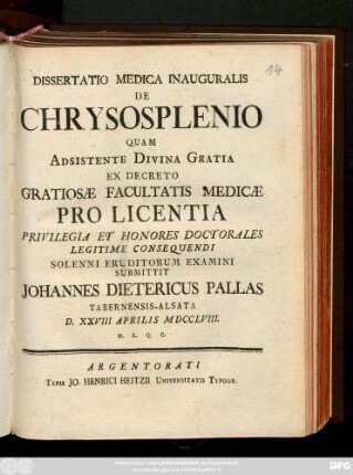Dissertatio Medica Inauguralis De Chrysosplenio
