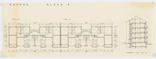 Wohnblock, Dachau: Grundrisse Block 4, und Schnitt 1:100