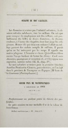 Grand prix de mathématiques a décerner en 1861.