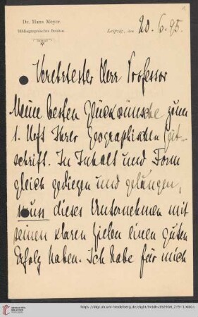 Nachlass Alfred Hettner, Eingegangene Briefe, Korrespondenz Hans Meyer/Alfred Hettner: Brief von Hans Meyer an Alfred Hettner