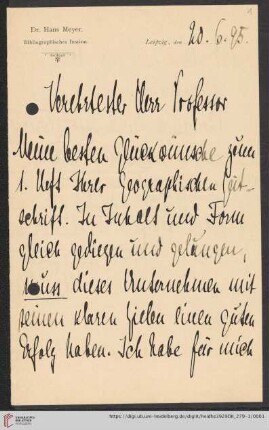 Nachlass Alfred Hettner, Eingegangene Briefe, Korrespondenz Hans Meyer/Alfred Hettner: Brief von Hans Meyer an Alfred Hettner
