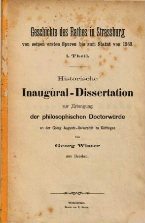 Geschichte des Rathes in Strassburg von seinen ersten Spuren bis zum Statut von 1263 : I. Theil