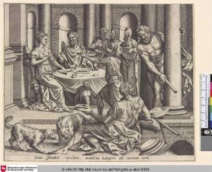 [Lazarus begging before the rich man's house; Lazarus bettelt vor dem Haus des reichen Mannes]