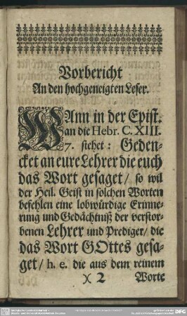 Vorbericht An den hochgeneigten Leser