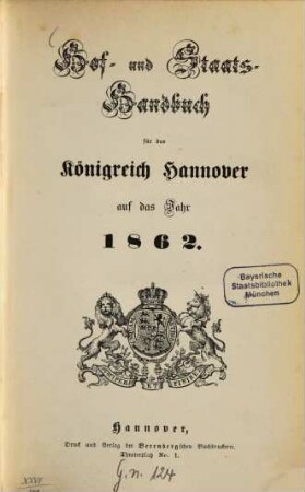 Hof- und Staatshandbuch für das Königreich Hannover. 1862