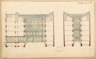 Hotel garni Monatskonkurrenz Februar 1880: Längsschnitt, Querschnitt; Maßstabsleiste