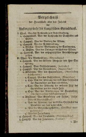 Verzeichniß der Hauptstücke oder des Inhalts der Anfangsgründe der französischen Sprachkunst.